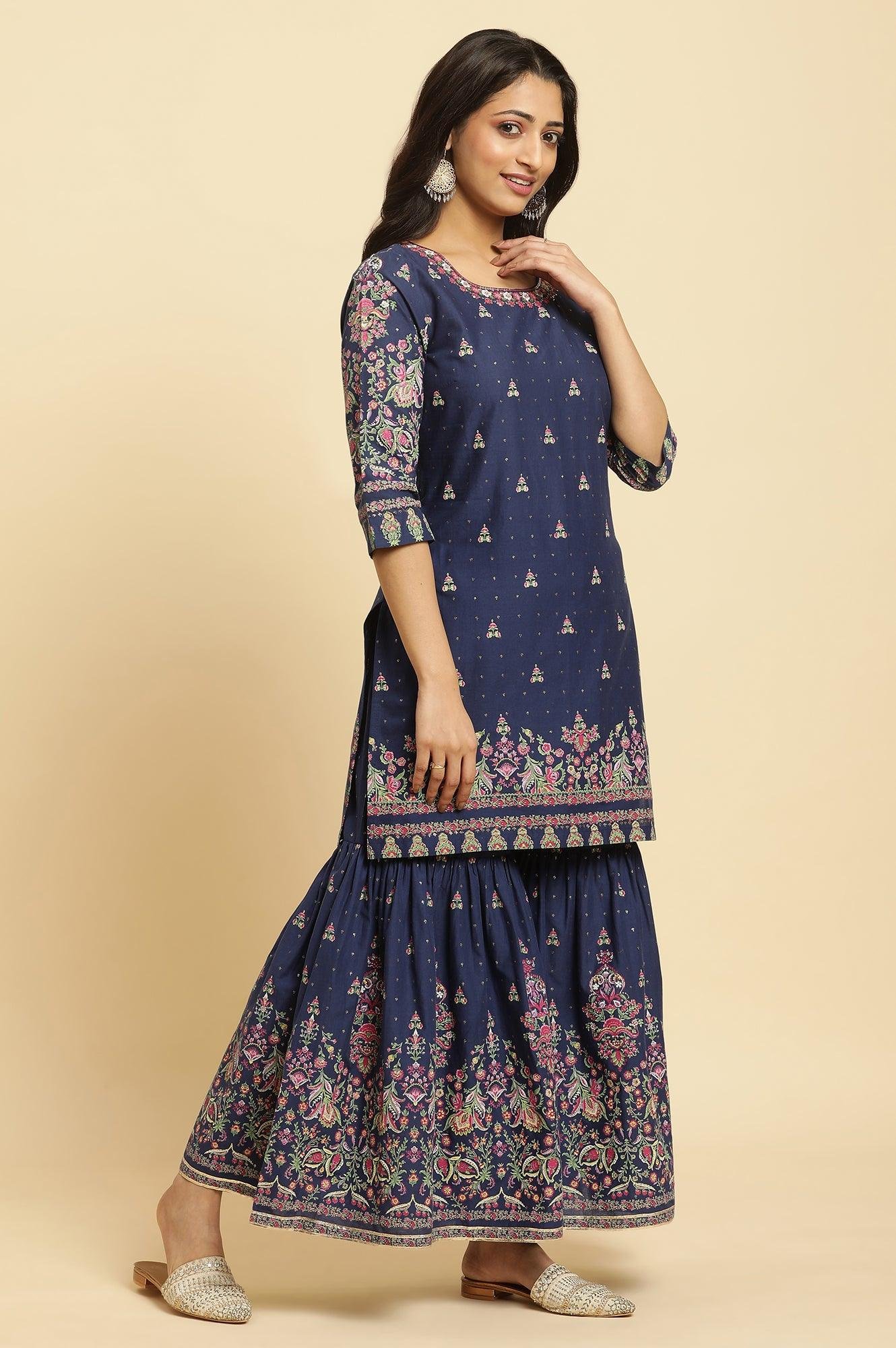Blue Floral Printed Kurta, Sharara And Dupatta Set - Image 2