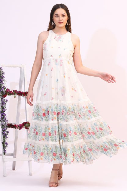 White Floral Printed Chiffon Tiered Flared Dress with Printed Cape