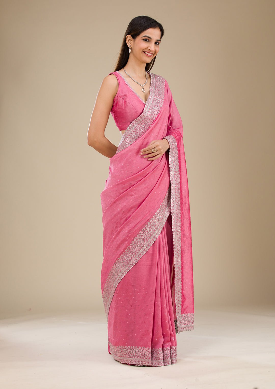 Onion Pink Zariwork Soft Silk Saree - Image 3
